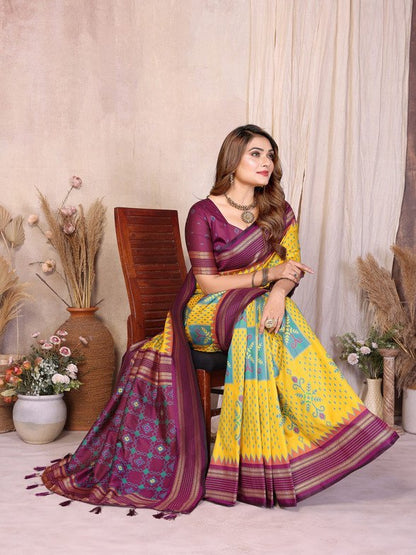 Yellow Soft Silk Ikkat Weaving Saree With Rich Zari Border