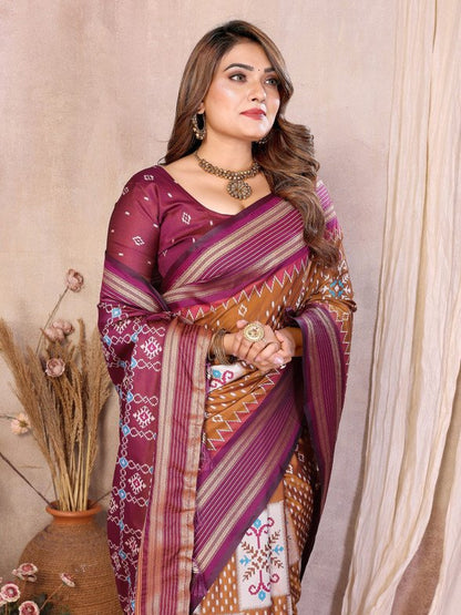 Wine Brown Soft Silk Ikkat Weaving Saree With Rich Zari Border