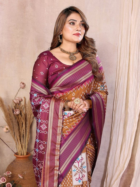 Wine Brown Soft Silk Ikkat Weaving Saree With Rich Zari Border