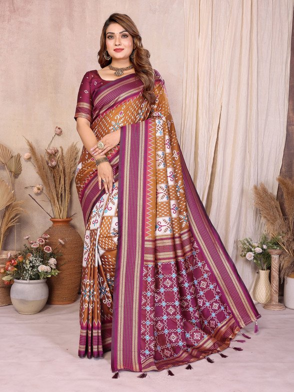 Wine Brown Soft Silk Ikkat Weaving Saree With Rich Zari Border