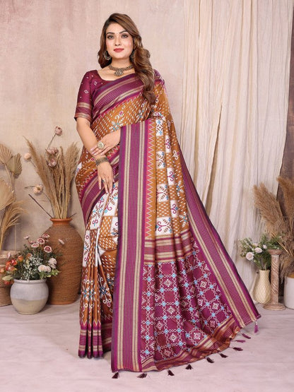 Wine Brown Soft Silk Ikkat Weaving Saree With Rich Zari Border