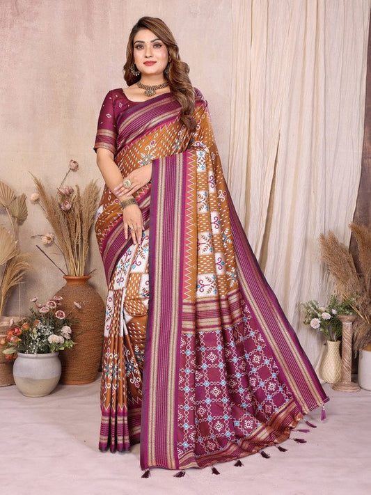 Wine Brown Soft Silk Ikkat Weaving Saree With Rich Zari Border