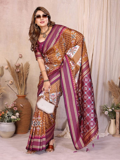 Wine Brown Soft Silk Ikkat Weaving Saree With Rich Zari Border