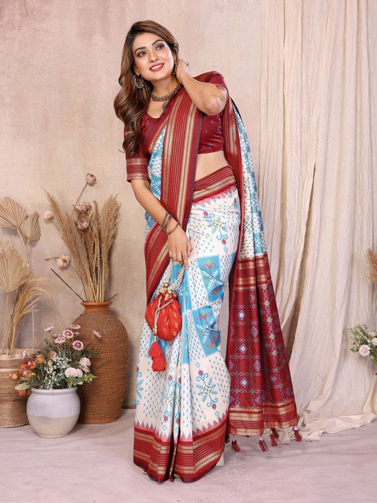 White Soft Silk Ikkat Weaving Saree With Rich Zari Border
