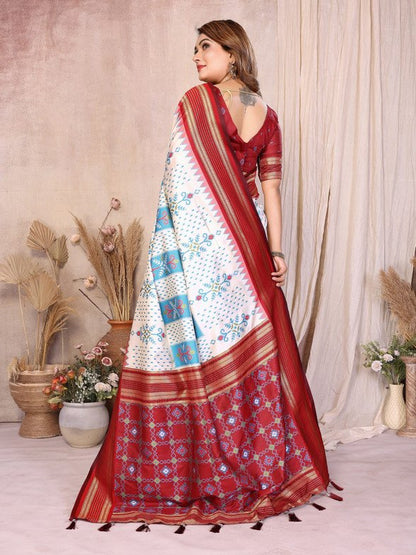 White Soft Silk Ikkat Weaving Saree With Rich Zari Border