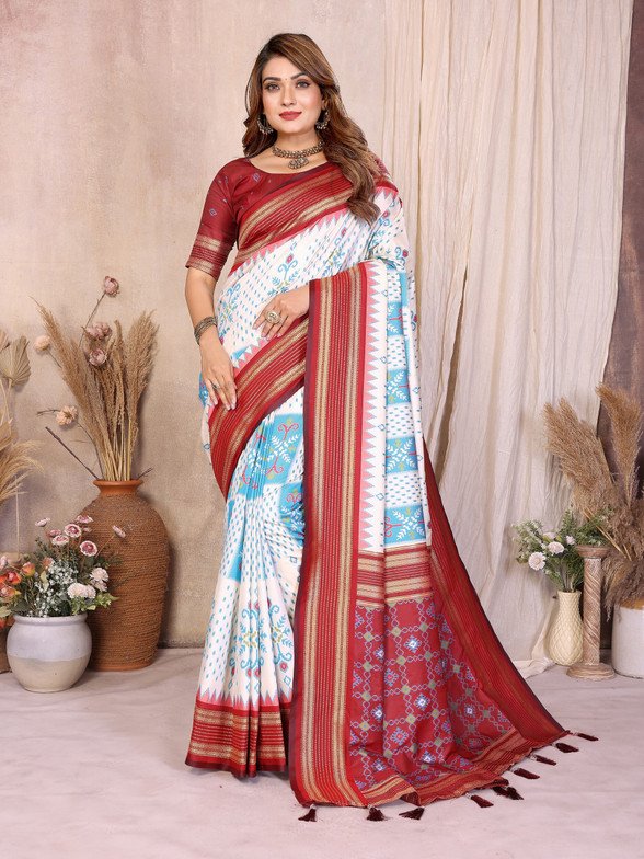 White Soft Silk Ikkat Weaving Saree With Rich Zari Border