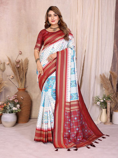 White Soft Silk Ikkat Weaving Saree With Rich Zari Border