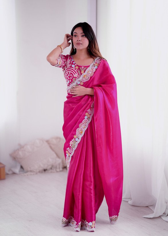 Stunning Pink Jimmy Choo Saree With Sequins & Coding Work