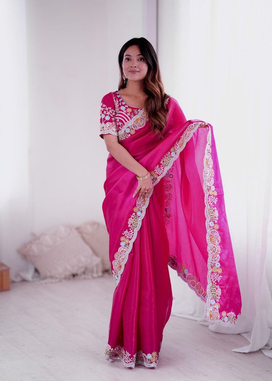 Stunning Pink Jimmy Choo Saree With Sequins & Coding Work