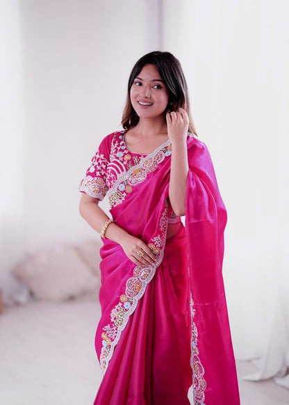 Stunning Pink Jimmy Choo Saree With Sequins & Coding Work