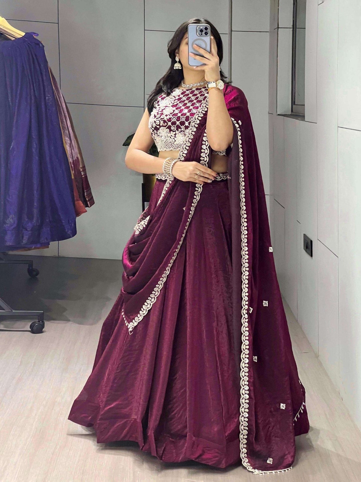 Stunning Maroon Organza Silk Lehenga Choli With Embroidery Work