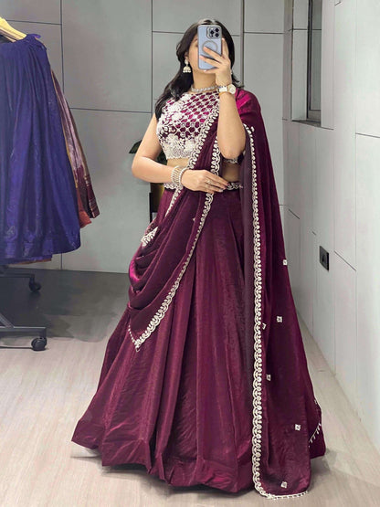 Stunning Maroon Organza Silk Lehenga Choli With Embroidery Work