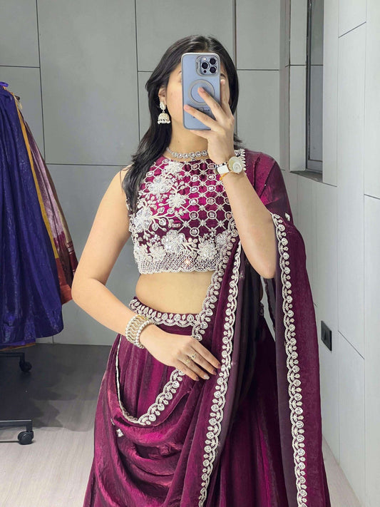 Stunning Maroon Organza Silk Lehenga Choli With Embroidery Work