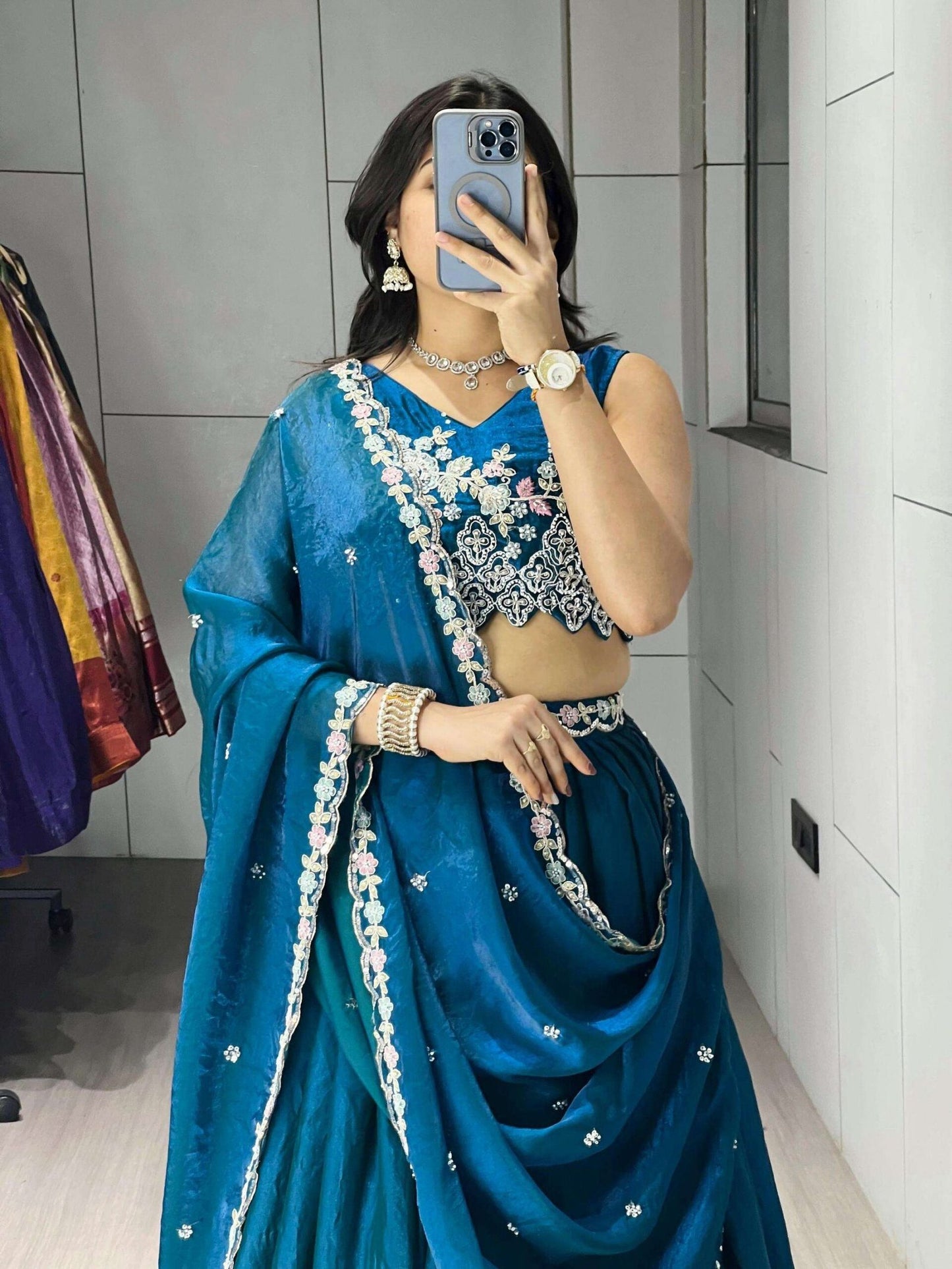 Gorgeous Teal Blue Pure Organza Silk Digital Printed Lehenga Choli