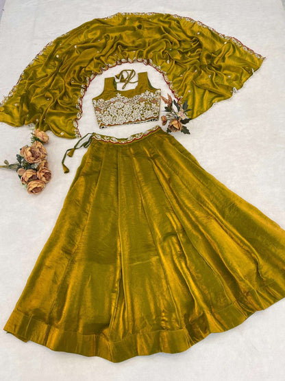 Fabulous Yellow Organza Silk Embroidered Lehenga Choli