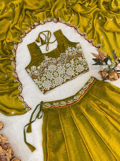 Fabulous Yellow Organza Silk Embroidered Lehenga Choli
