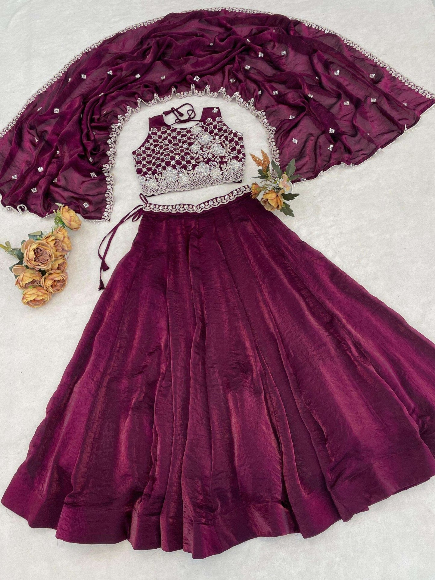 Stunning Maroon Organza Silk Lehenga Choli With Embroidery Work