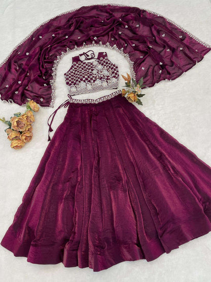 Stunning Maroon Organza Silk Lehenga Choli With Embroidery Work
