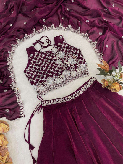 Stunning Maroon Organza Silk Lehenga Choli With Embroidery Work