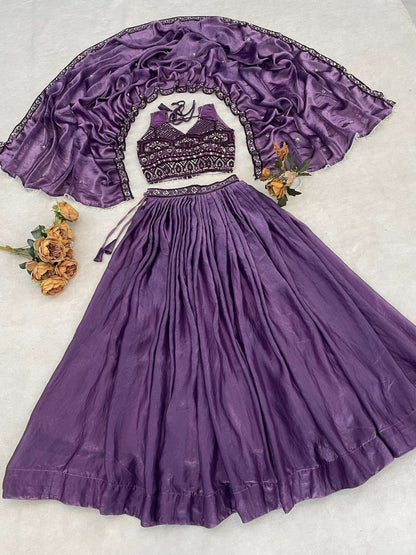 Cool Purple Organza Silk Lehenga Choli With Digital Print