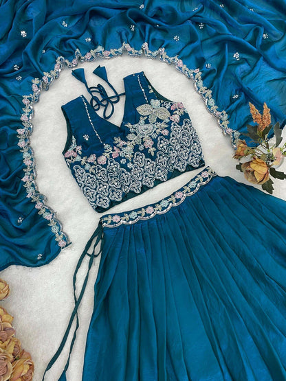 Gorgeous Teal Blue Pure Organza Silk Digital Printed Lehenga Choli