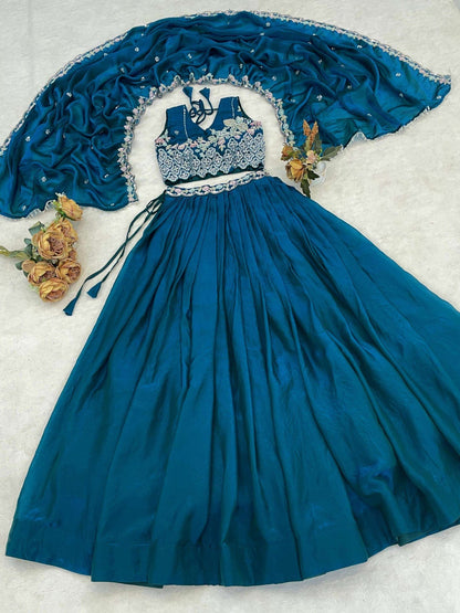 Gorgeous Teal Blue Pure Organza Silk Digital Printed Lehenga Choli