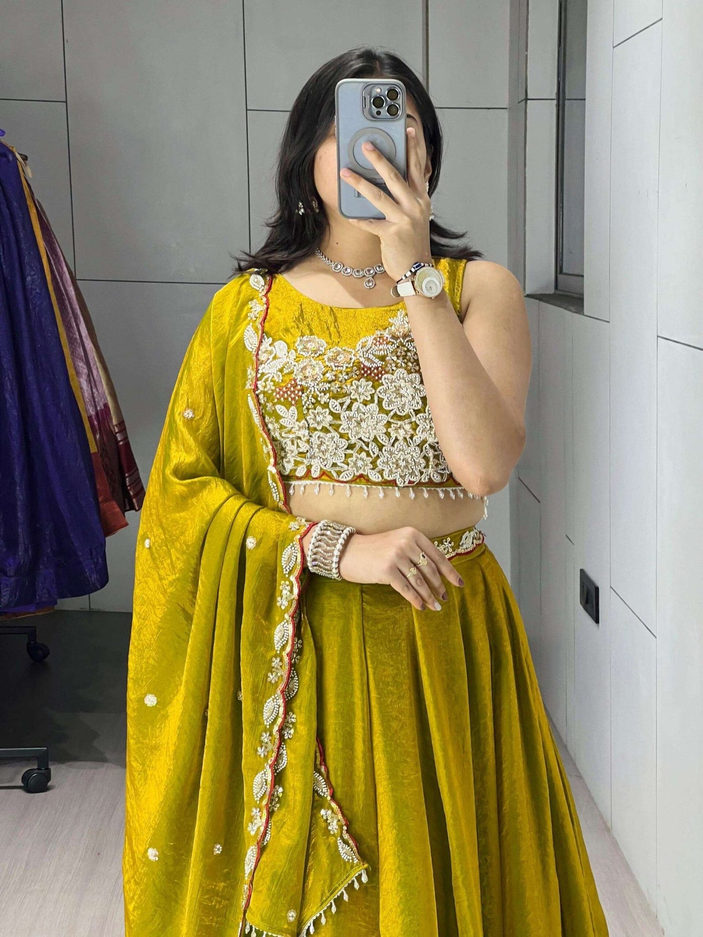 Fabulous Yellow Organza Silk Embroidered Lehenga Choli