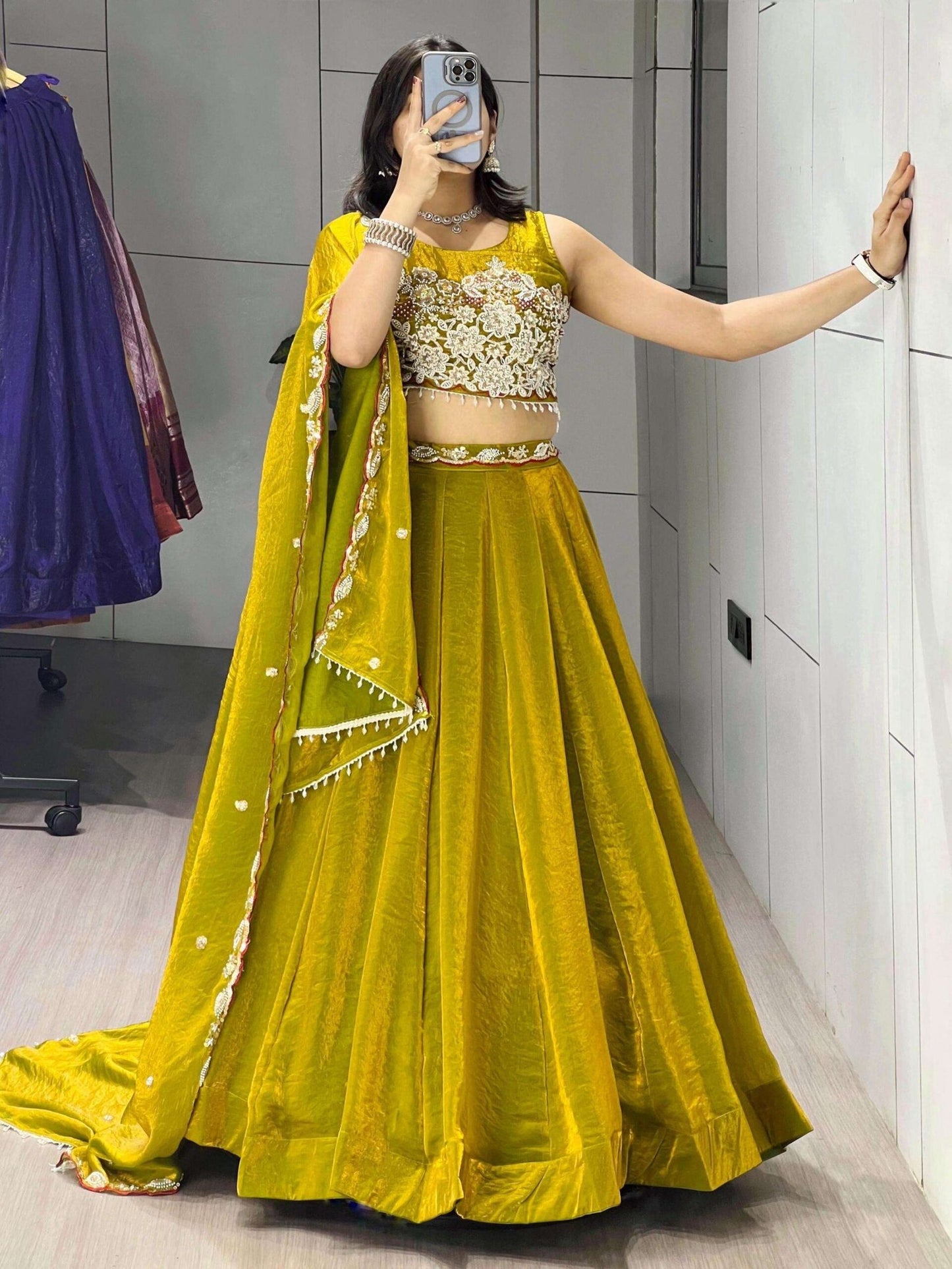 Fabulous Yellow Organza Silk Embroidered Lehenga Choli