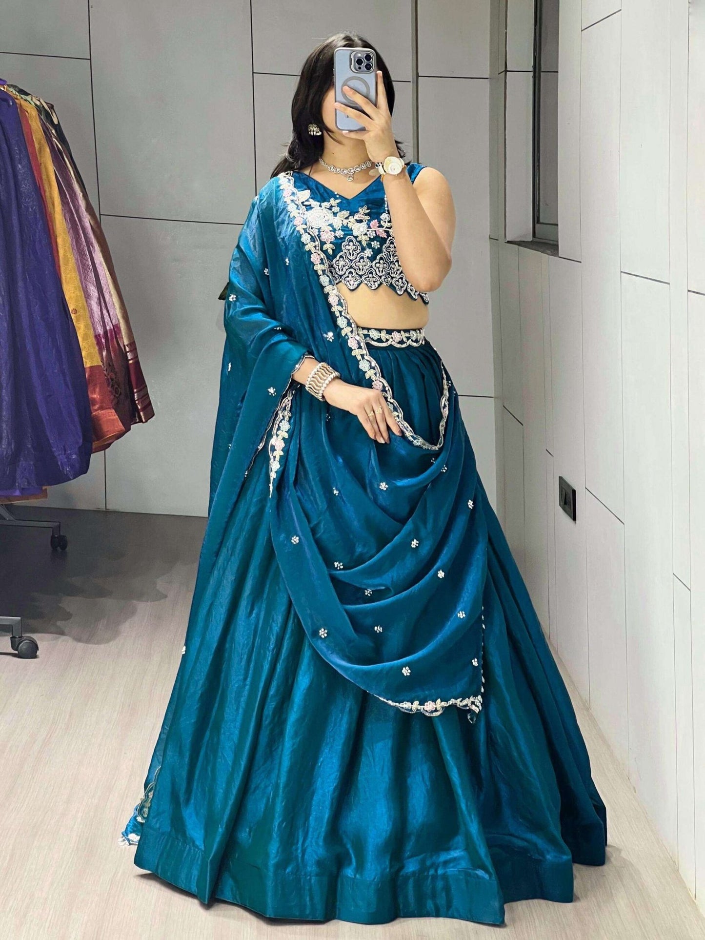 Gorgeous Teal Blue Pure Organza Silk Digital Printed Lehenga Choli