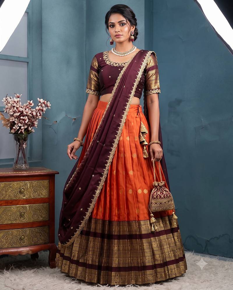 Exclusive Orange Kanjivaram Silk Lehenga With Maggam Work On Blouse