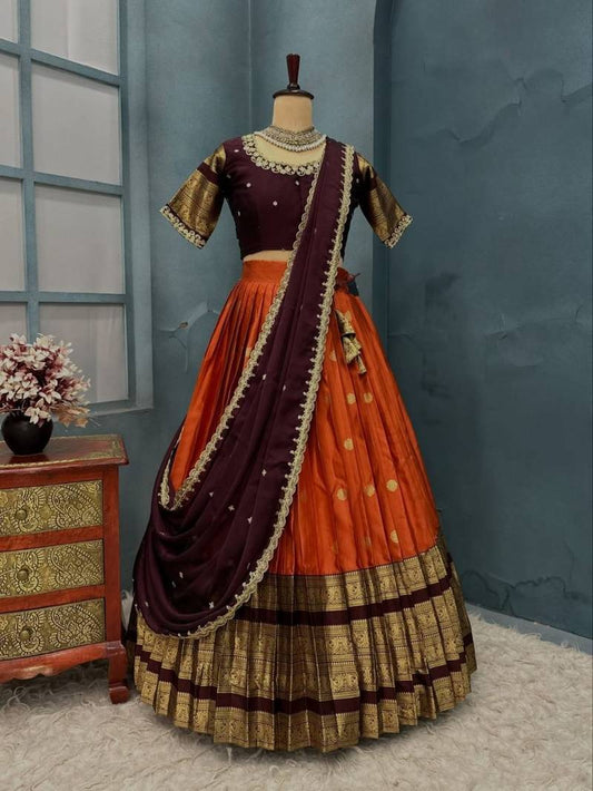 Exclusive Orange Kanjivaram Silk Lehenga With Maggam Work On Blouse