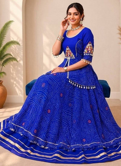 Premium Bandhej Flared Lehenga And Short Kurta Set With Mirror Work Jacket