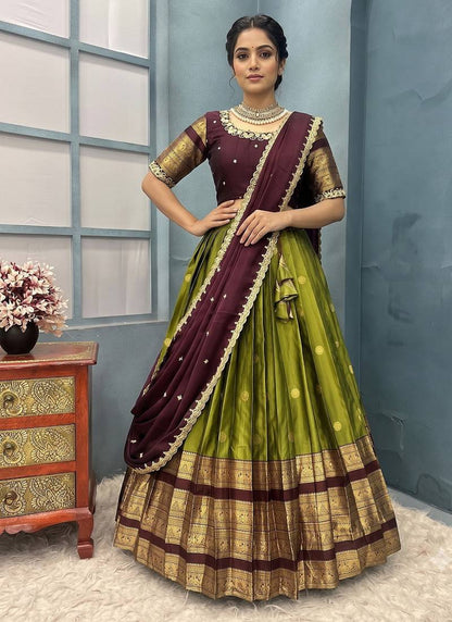 Trending Olive Green Kanjivaram Silk Lehenga With Designer Maggam Work Blouse