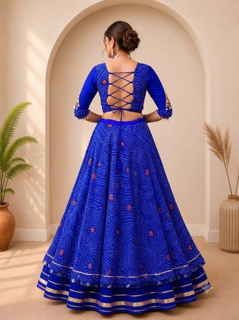 Premium Bandhej Flared Lehenga And Short Kurta Set With Mirror Work Jacket