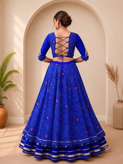 Premium Bandhej Flared Lehenga And Short Kurta Set With Mirror Work Jacket