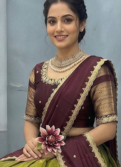 Trending Olive Green Kanjivaram Silk Lehenga With Designer Maggam Work Blouse