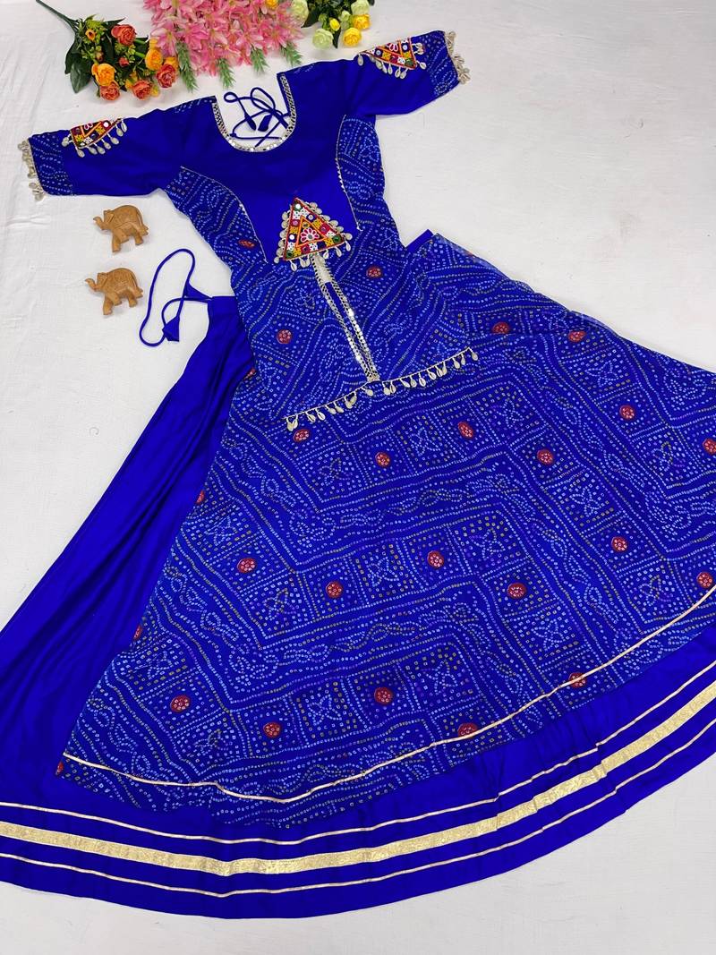Premium Bandhej Flared Lehenga And Short Kurta Set With Mirror Work Jacket