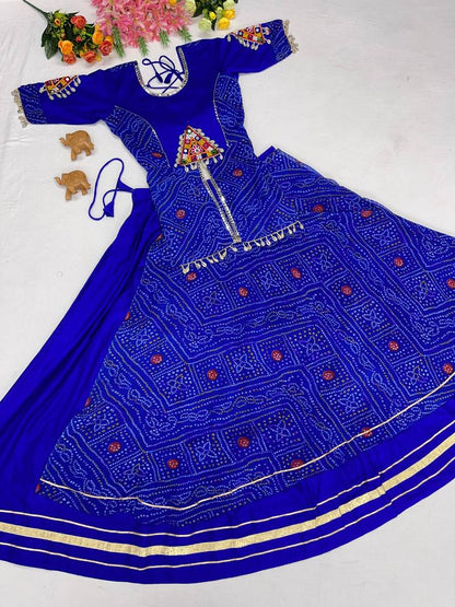 Premium Bandhej Flared Lehenga And Short Kurta Set With Mirror Work Jacket
