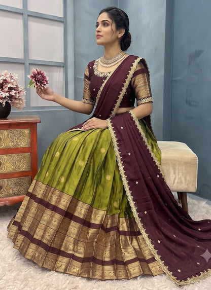 Trending Olive Green Kanjivaram Silk Lehenga With Designer Maggam Work Blouse