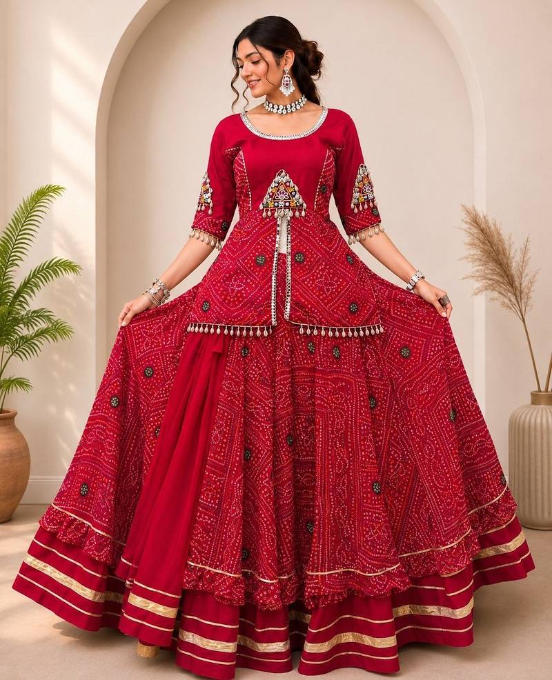 Navratri Special Red Bandhej Flared Lehenga And Short Kurta Set With Mirror Work Jacket