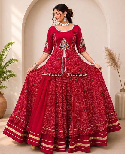 Navratri Special Red Bandhej Flared Lehenga And Short Kurta Set With Mirror Work Jacket