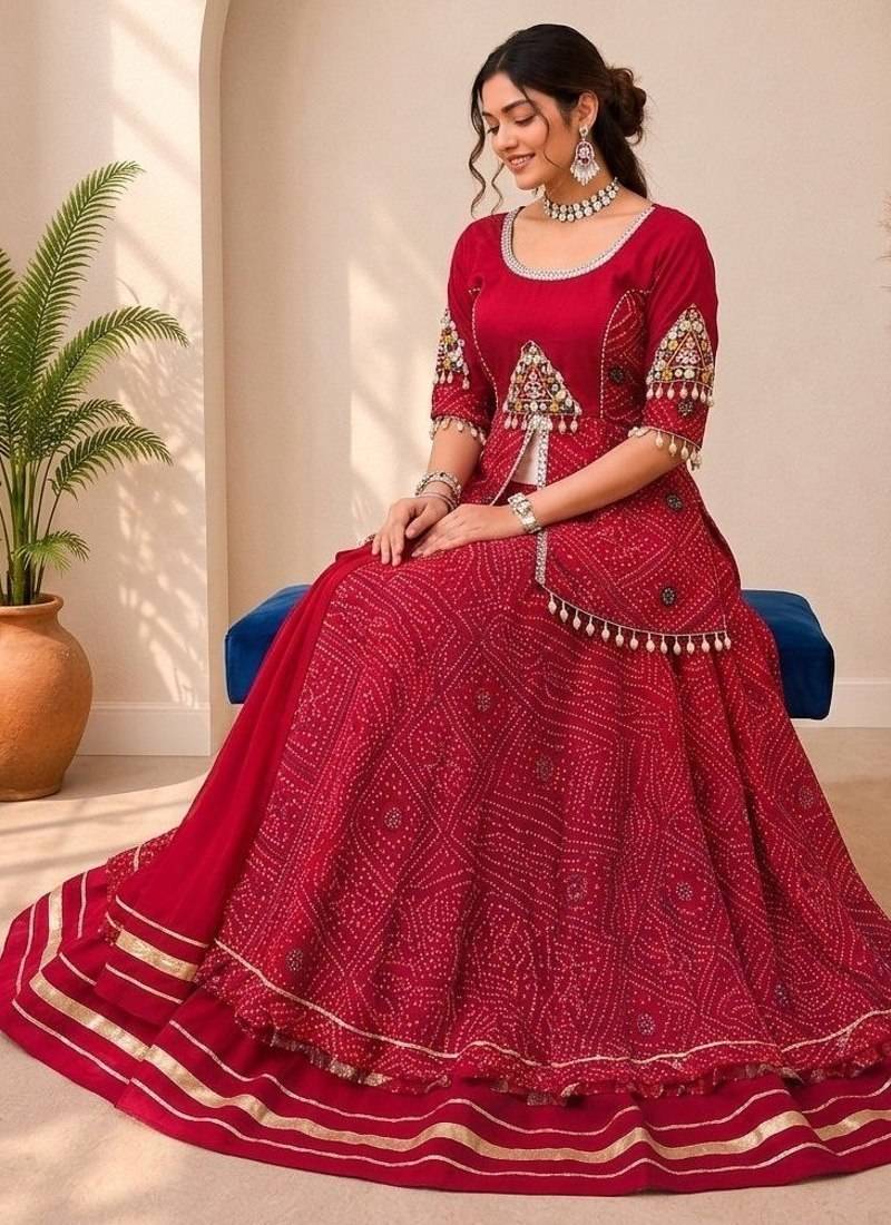 Navratri Special Red Bandhej Flared Lehenga And Short Kurta Set With Mirror Work Jacket