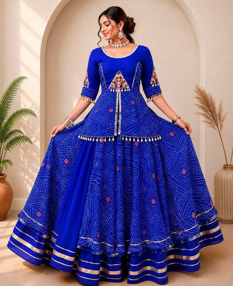 Premium Bandhej Flared Lehenga And Short Kurta Set With Mirror Work Jacket