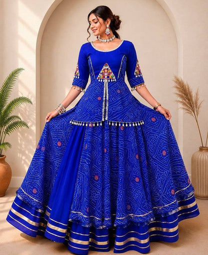 Premium Bandhej Flared Lehenga And Short Kurta Set With Mirror Work Jacket