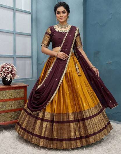 Stunning Mustard Kanjivaram Silk Lehenga With Embroidery Blouse & Dupatta