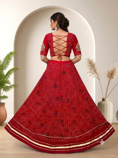 Navratri Special Red Bandhej Flared Lehenga And Short Kurta Set With Mirror Work Jacket