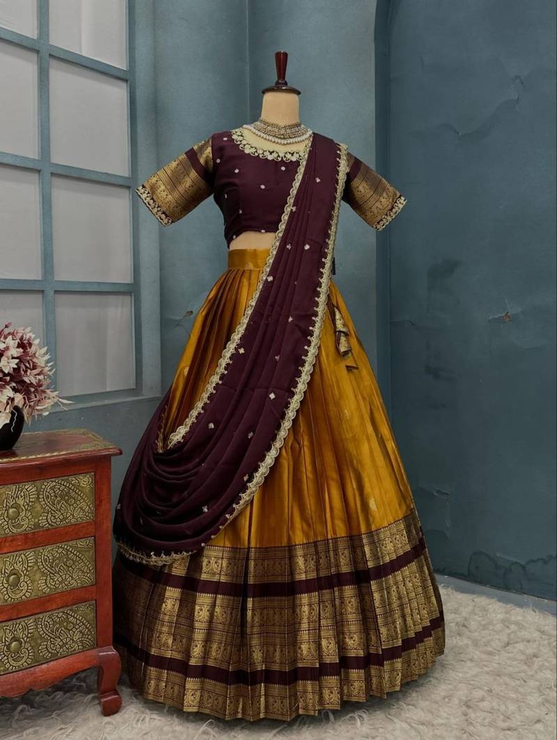 Stunning Mustard Kanjivaram Silk Lehenga With Embroidery Blouse & Dupatta