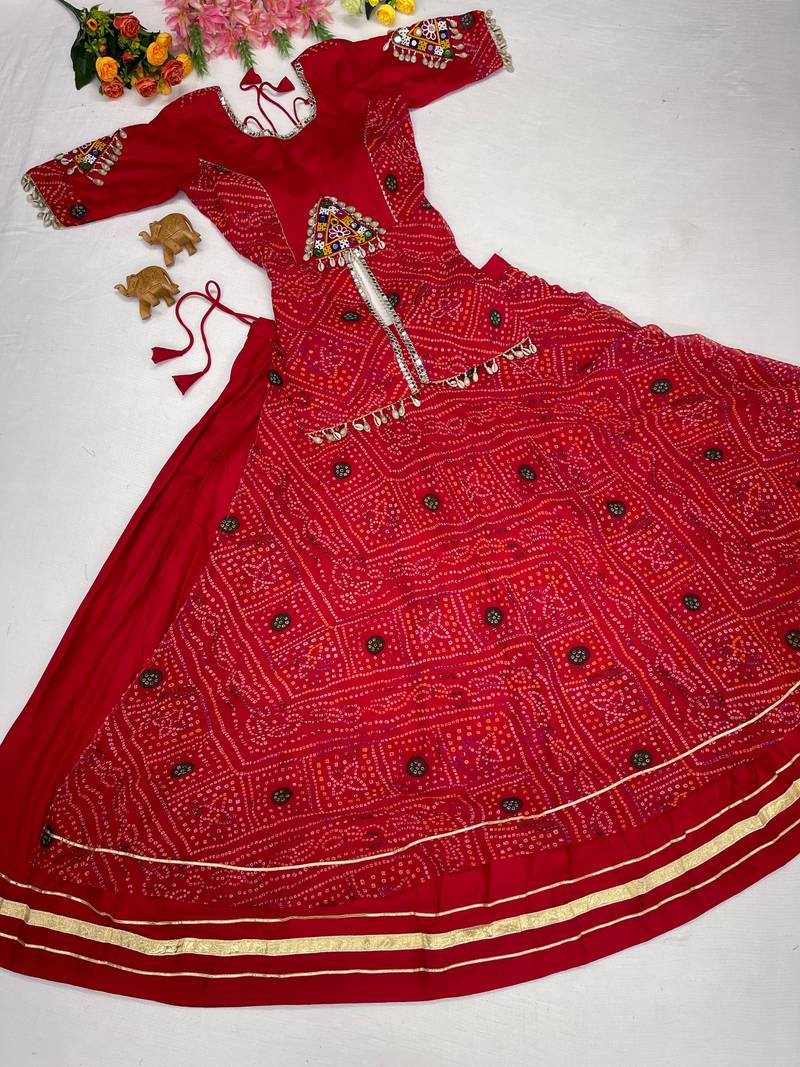 Navratri Special Red Bandhej Flared Lehenga And Short Kurta Set With Mirror Work Jacket