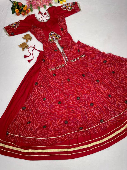 Navratri Special Red Bandhej Flared Lehenga And Short Kurta Set With Mirror Work Jacket