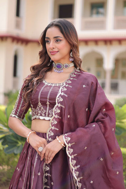 Trendy Brown Gold Crush Embroidered Lehenga Choli